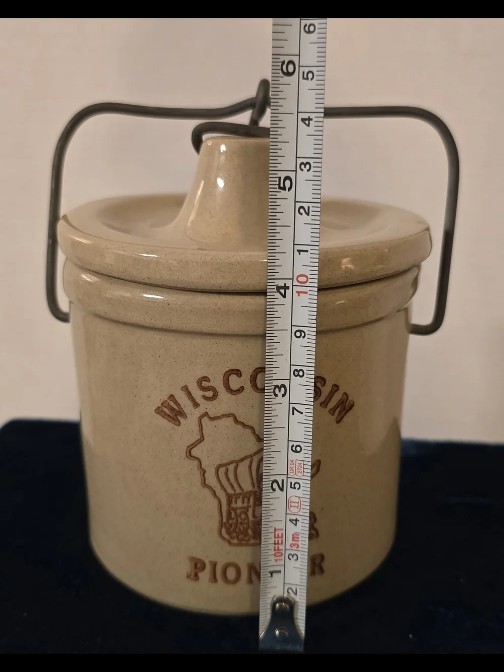 Vintage Wisconsin Pioneer Stoneware Cheese Crock with Lid & Wire Bail